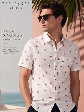 Ted Baker White Short-Sleeve Button-Up Shirt with Red Palm Print Size 4 (M)